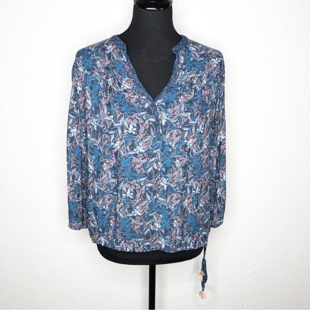 Megan Park‎ blue pink floral tassel tie waist popover top size Large